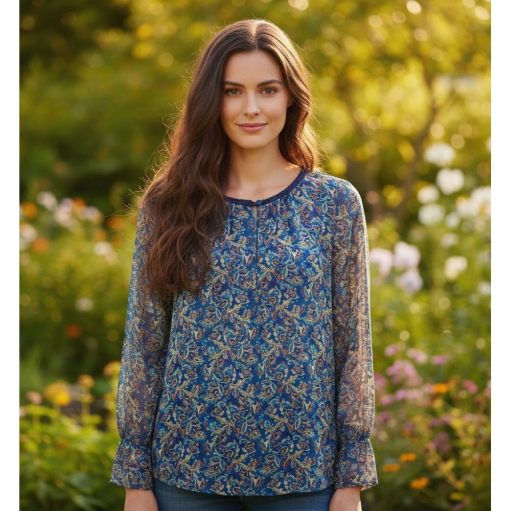 Daniel Rainn M Women's Blue Gold Floral Paisley Top Boho Cottage Office Fairy